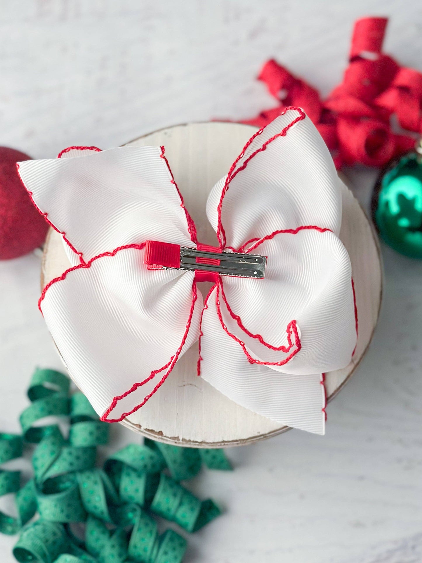 Candy Cane Embroidered Moonstitch Hair Bow