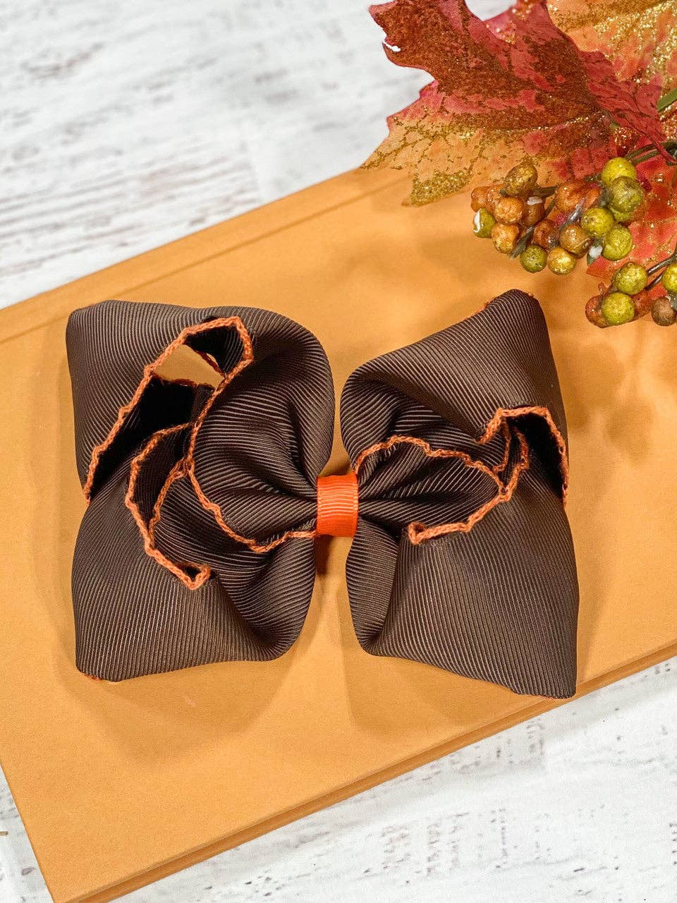 Chocolate with Orange Moonstitch Hair Bow