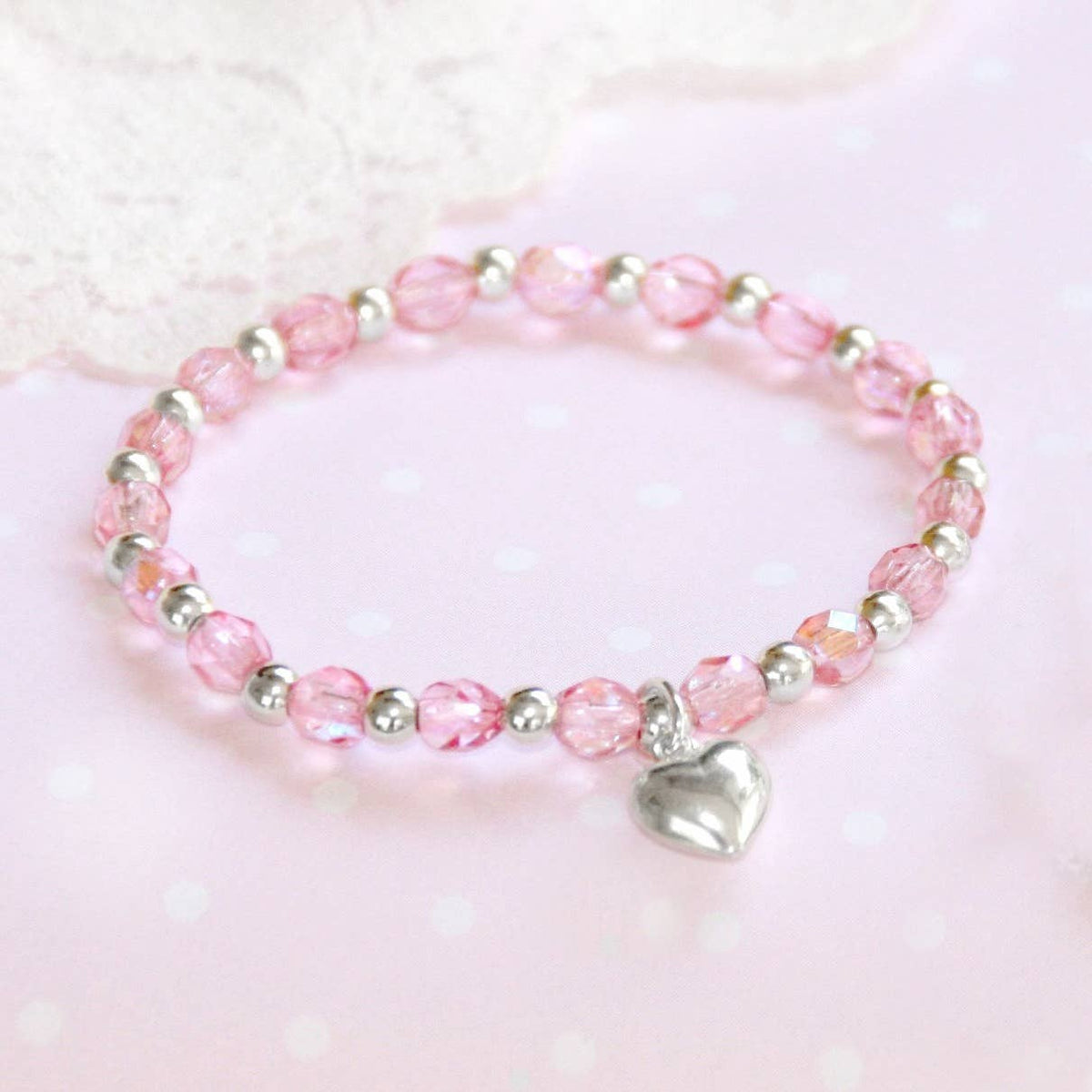 Sterling Silver Puffed Heart Pink Bracelet