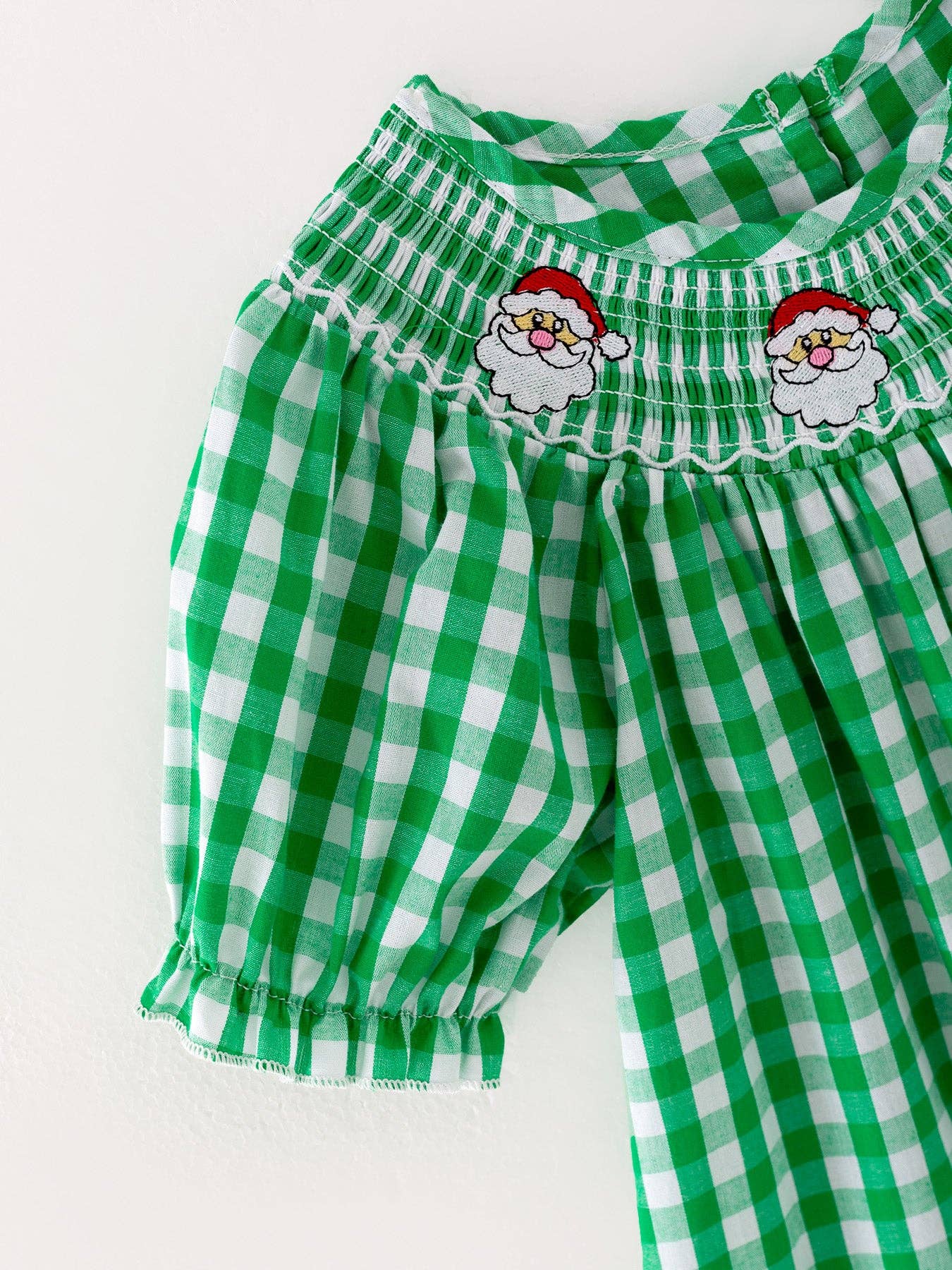 Santa Claus Smocking Green Plaid Embroidery Dress