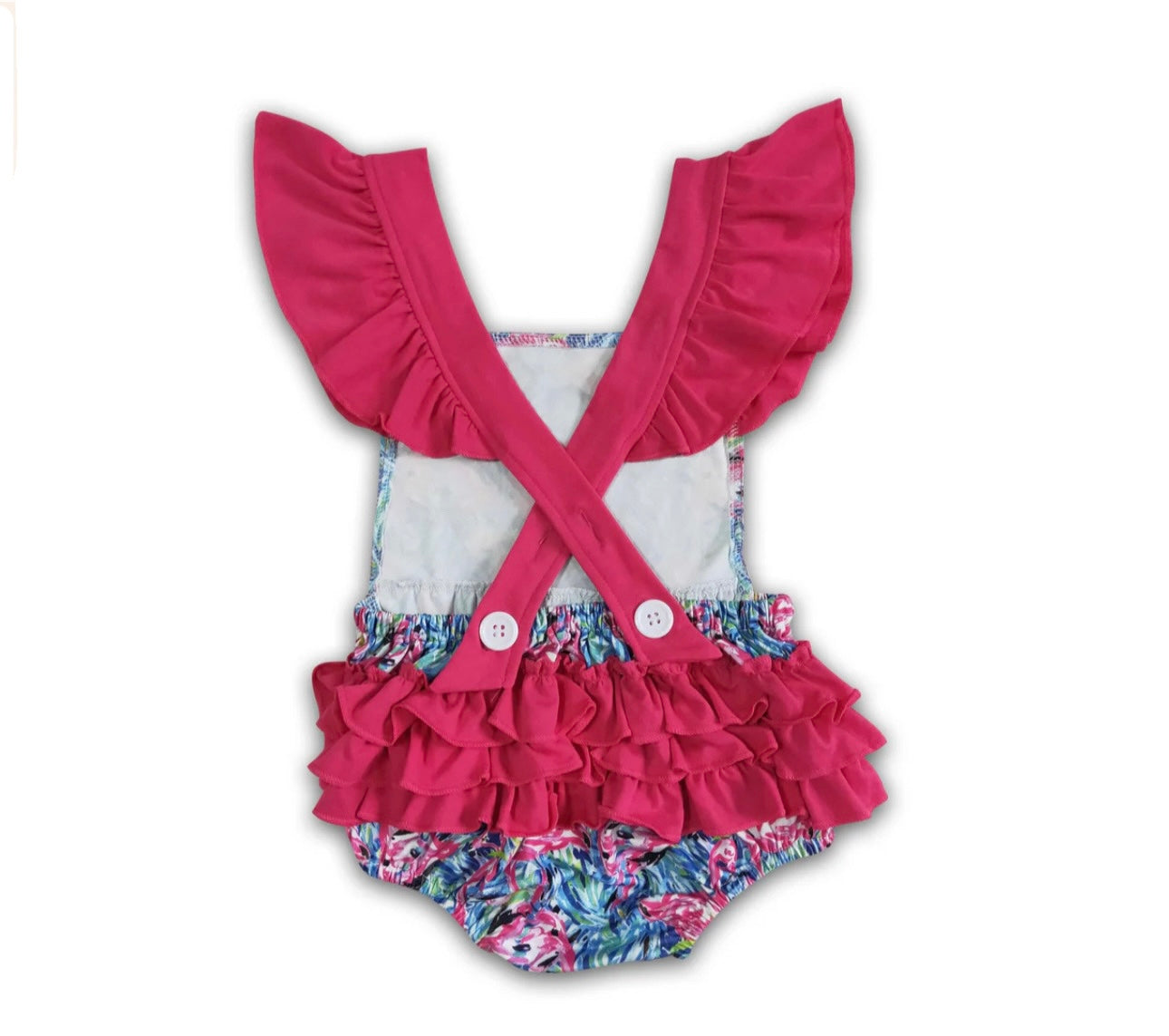 Pink Blue Ruffle Flamingo Romper