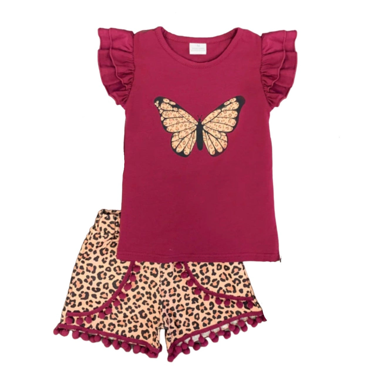 Burgundy Cheetah Butterfly Pom Pom Short Set