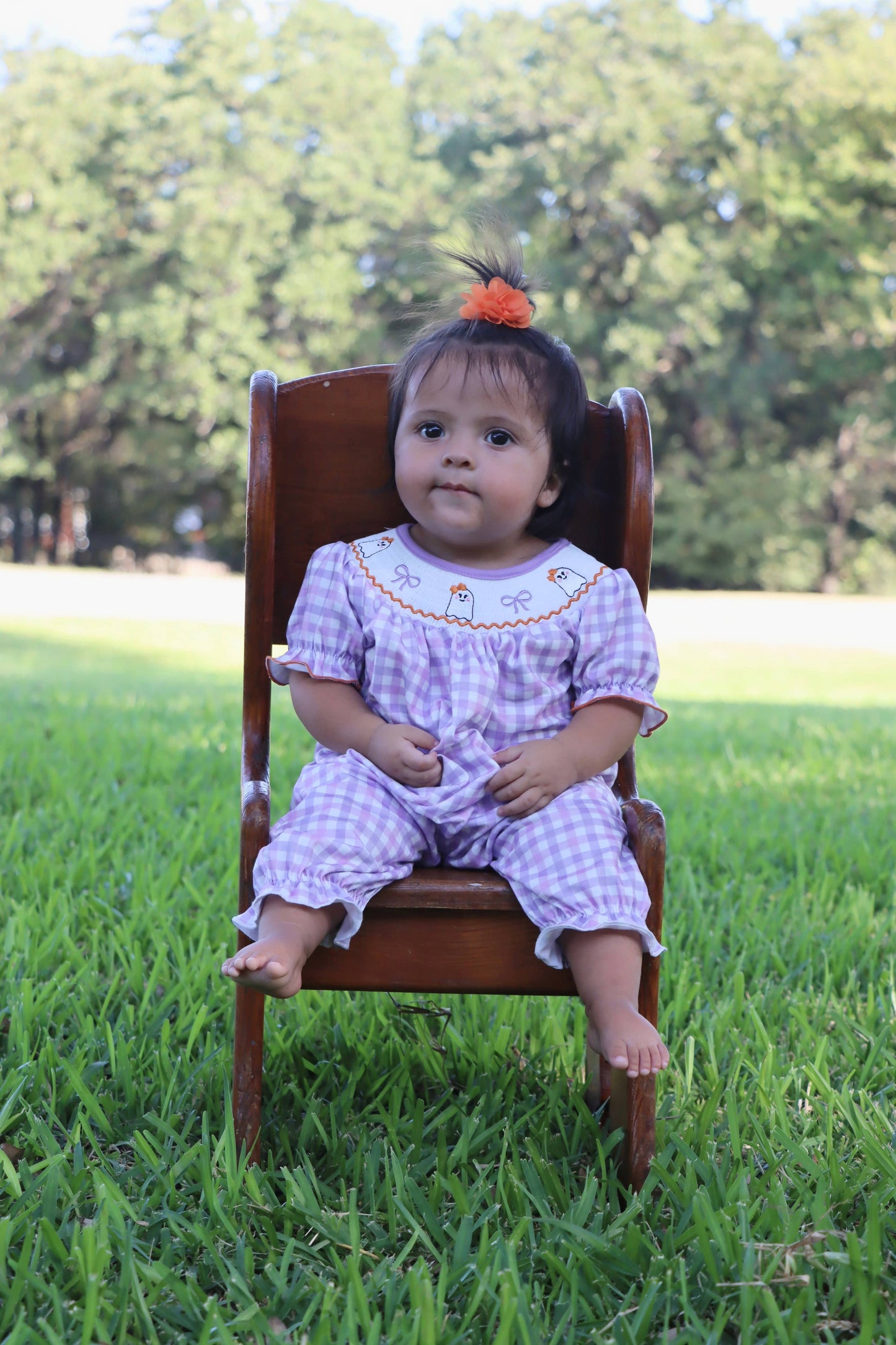 Purple Smocking Ghost Bow Plaid Romper