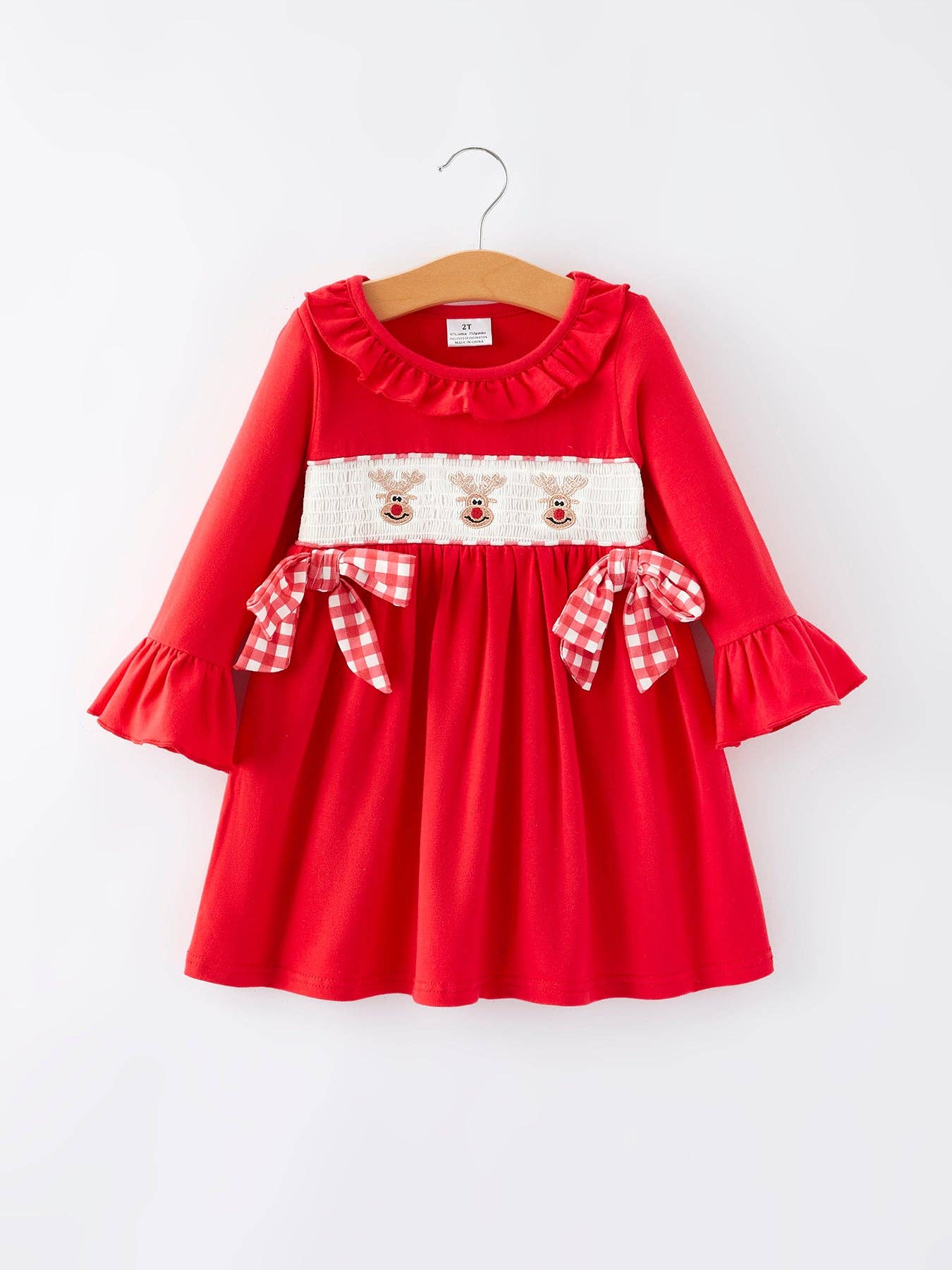 Christmas Smocked Embroidery Girls Dress with Pink Ribbon Ties 3 Christmas Smocked Embroidery Girls Dress with Pink Ribbon Ties 3