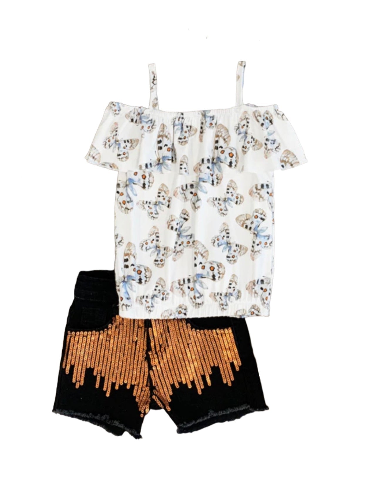Black & White Butterfly Sequin Denim Short Set