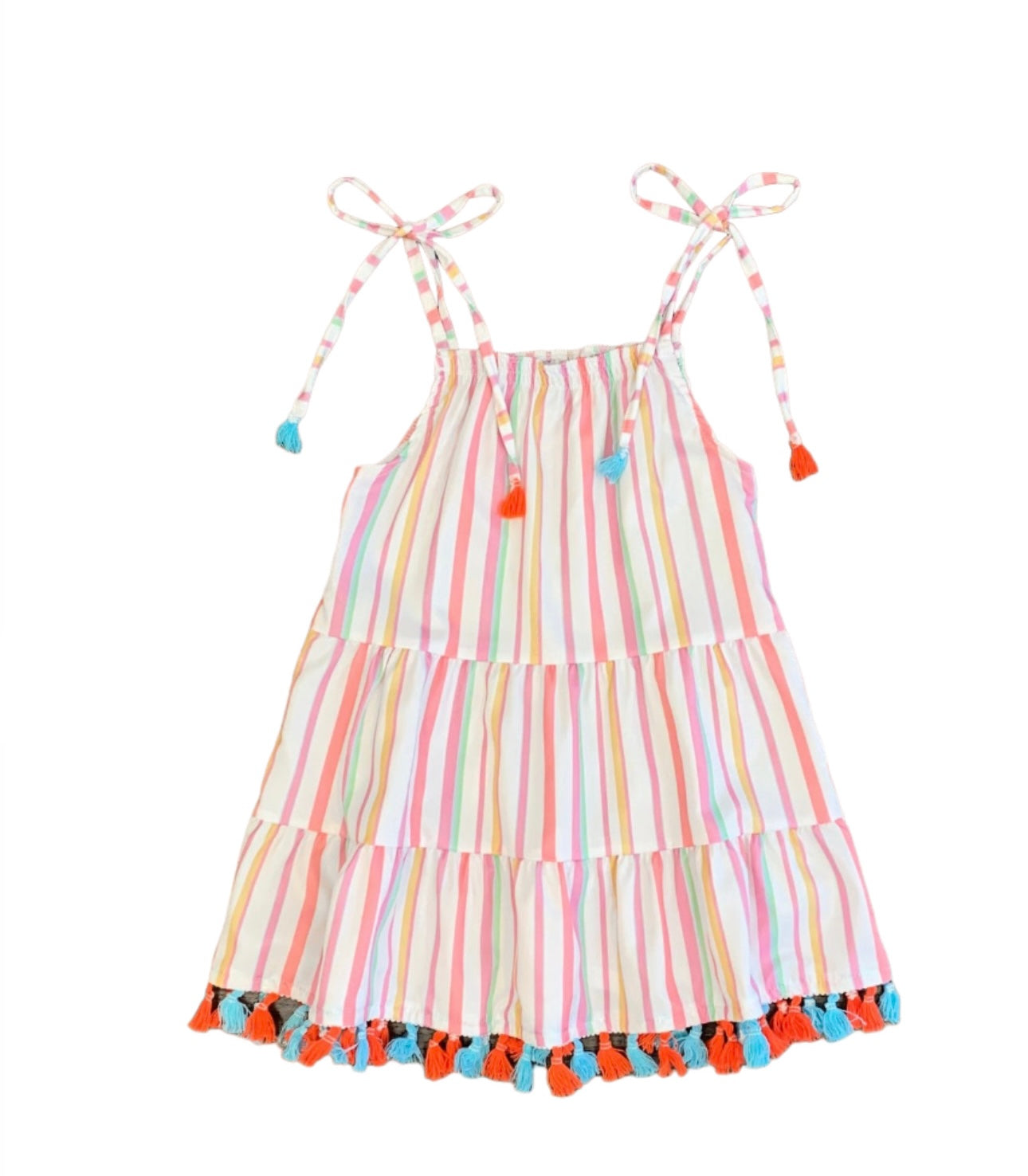 Tie Shoulder Striped Tassel Dress