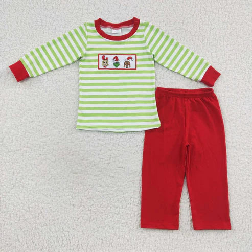 Green Stripe Grinch Embroidered Pant Set