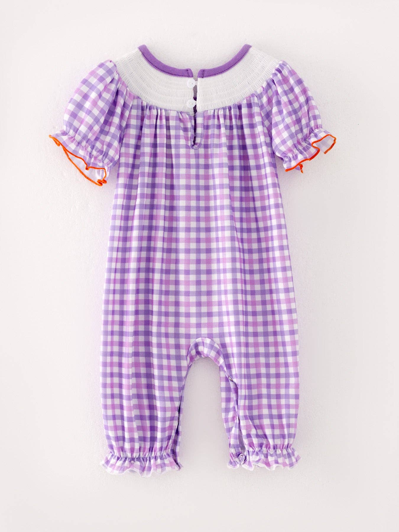 Purple Smocking Ghost Bow Plaid Romper