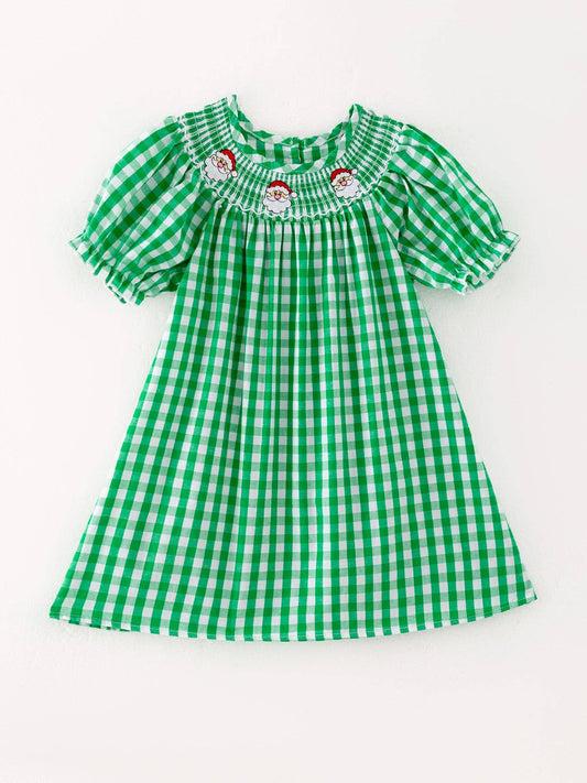 Santa Claus Smocking Green Plaid Embroidery Dress