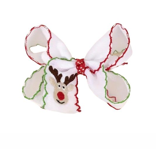 White Reindeer Scollop Hair Bow