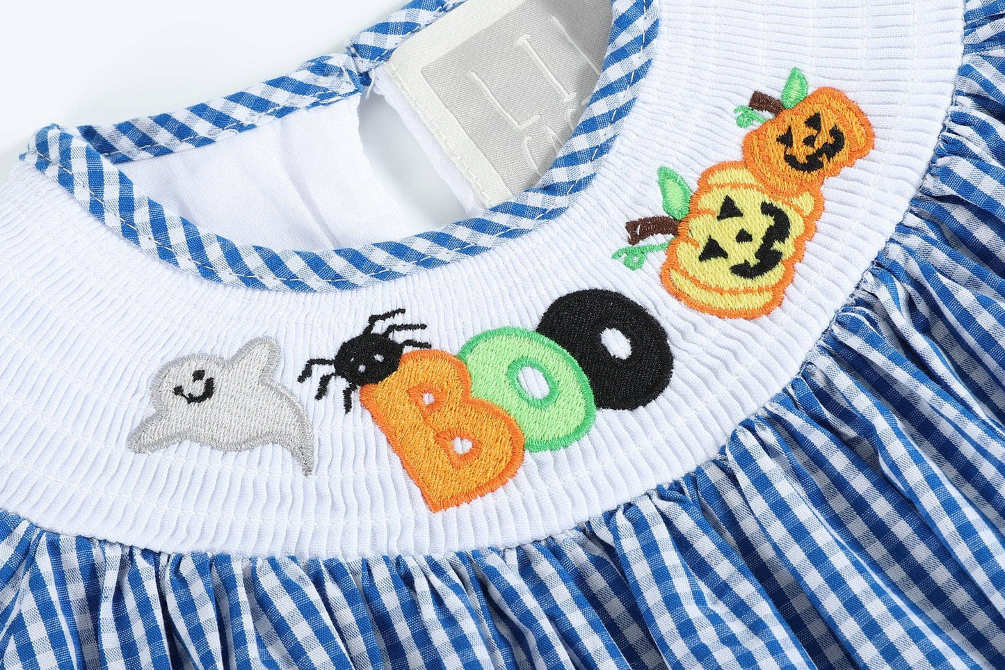 Blue Gingham Boo Smocked Bishop Dress