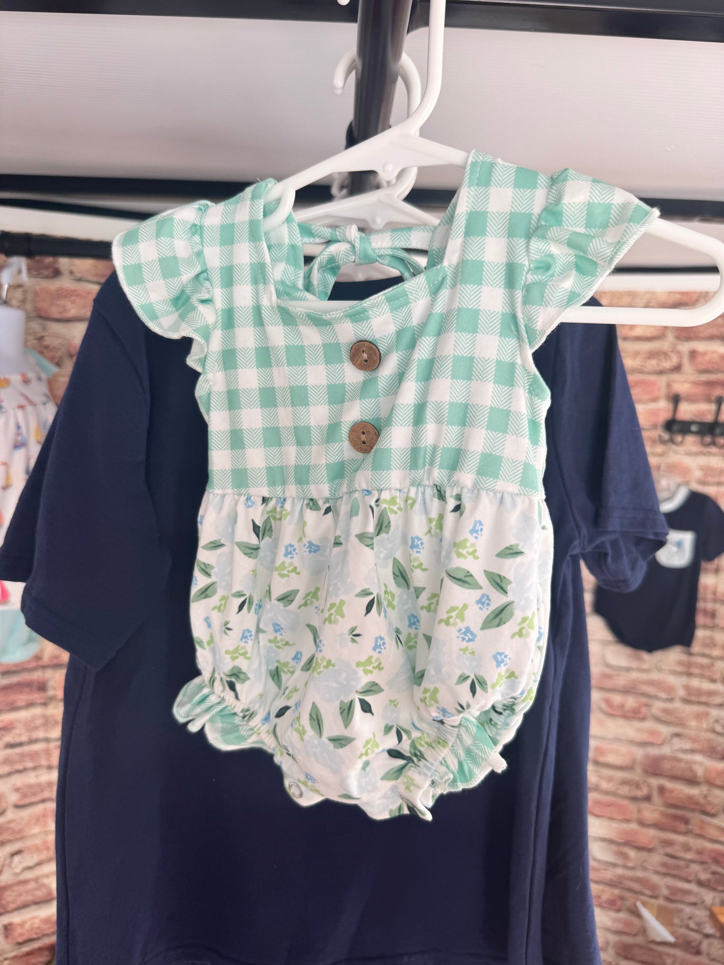 Teal Gingham Floral Romper