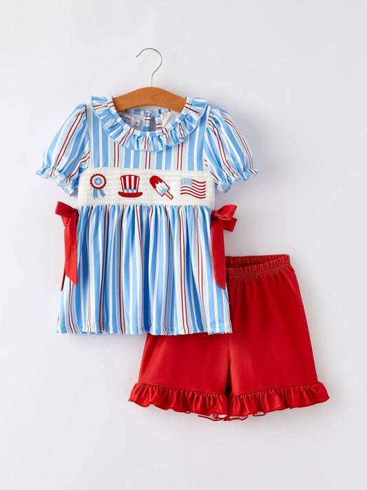Girls Patriotic Striped Smocking Set