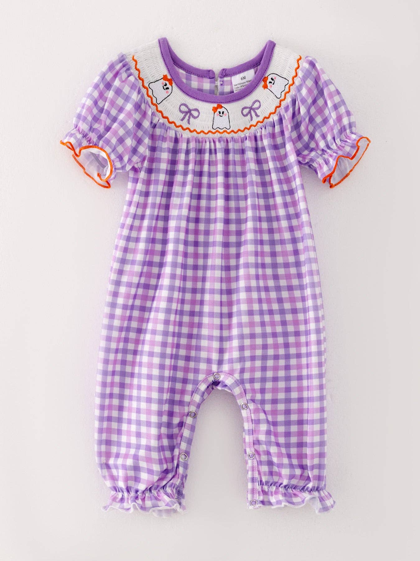 Purple Smocking Ghost Bow Plaid Romper