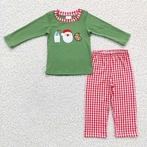 Green Checkered Embroidered Boy Santa Set