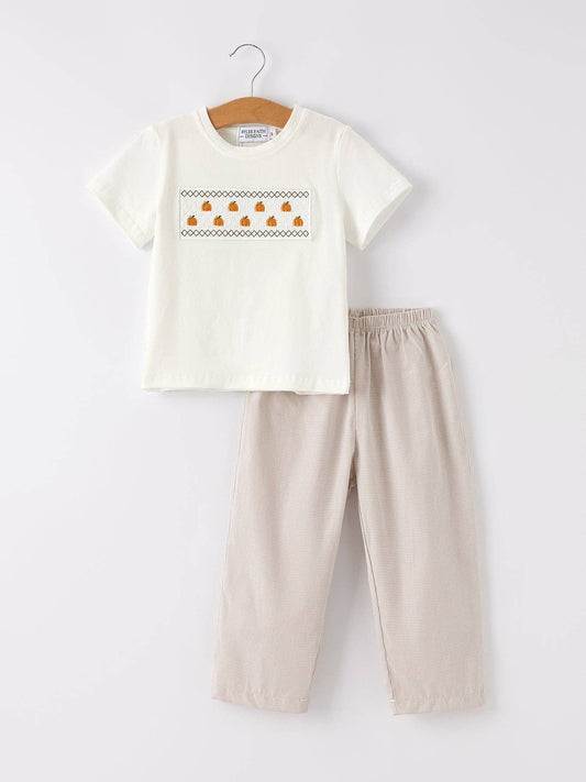 Beige Pumpkin Smock Boys Set