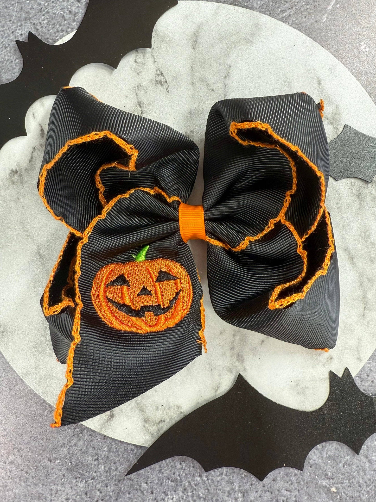 Jack-o-Latern Embroidered Hair Bow