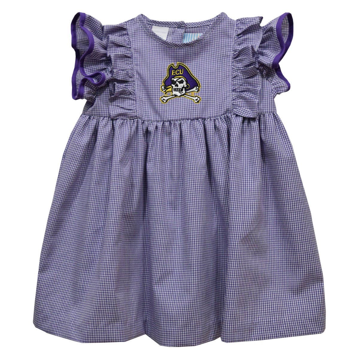 ECU Embroidered Purple Gingham Ruffle Dress