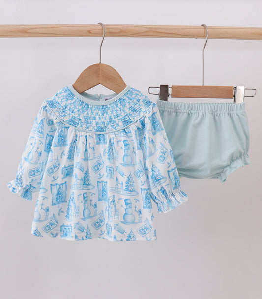 Blue Snowman Smocked Bloomer Set