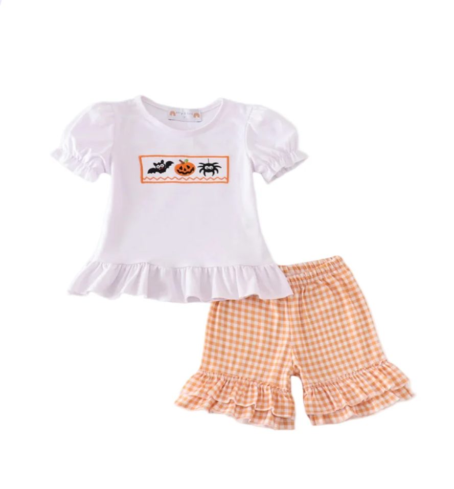 Halloween Embroidery Plaid Girl Shorts Set