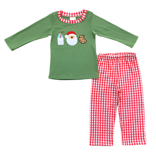 Green Checkered Embroidered Boy Santa Set