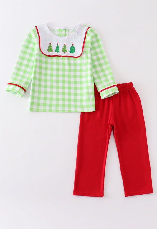 Green Plaid Christmas Tree Embroidery Boy Set