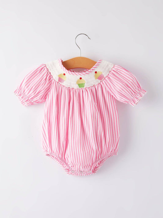 Stripe Cupcake Smocking Pink Romper