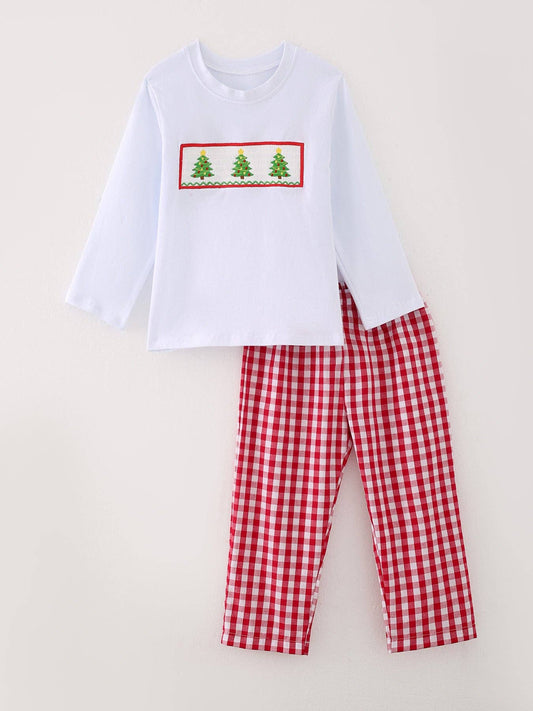 White Christmas Tree Smocking Boy Set