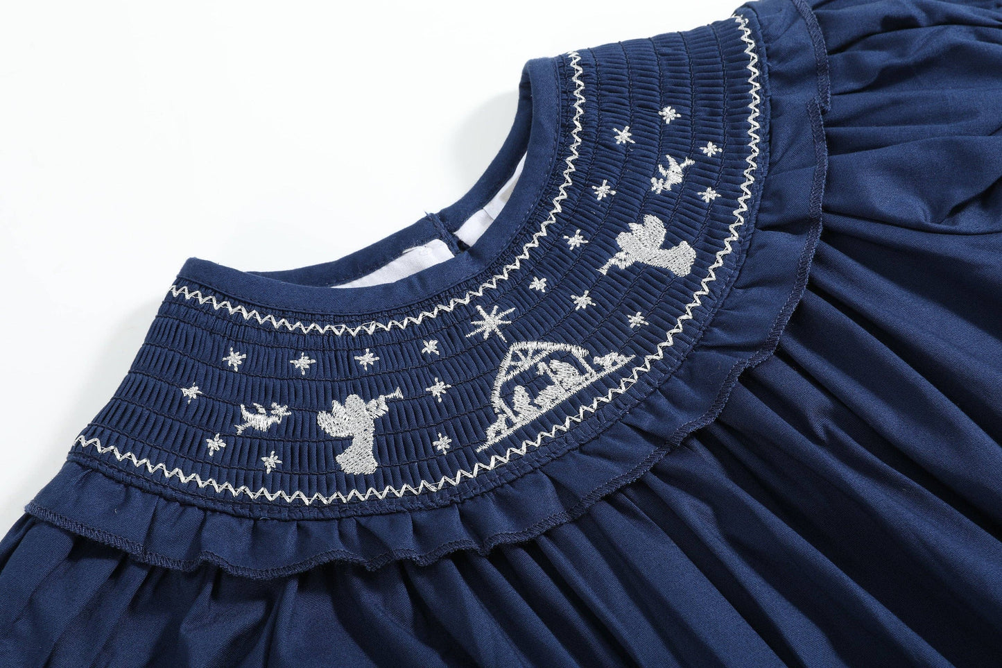 Blue Nativity Smocked Ruffle Bubble