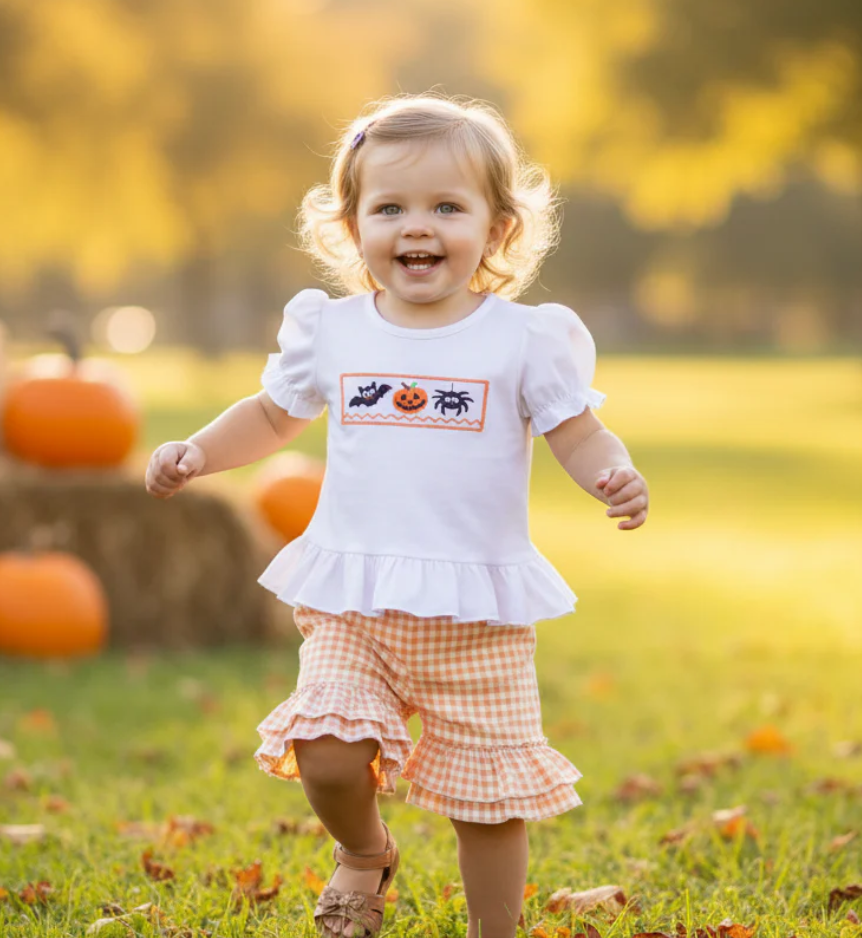 Halloween Embroidery Plaid Girl Shorts Set
