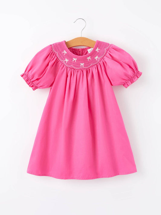 Bow Smocking Hot Pink Dress