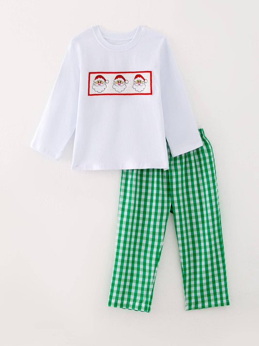 Christmas Santa Claus Smocking Green Plaid Embroidery Set