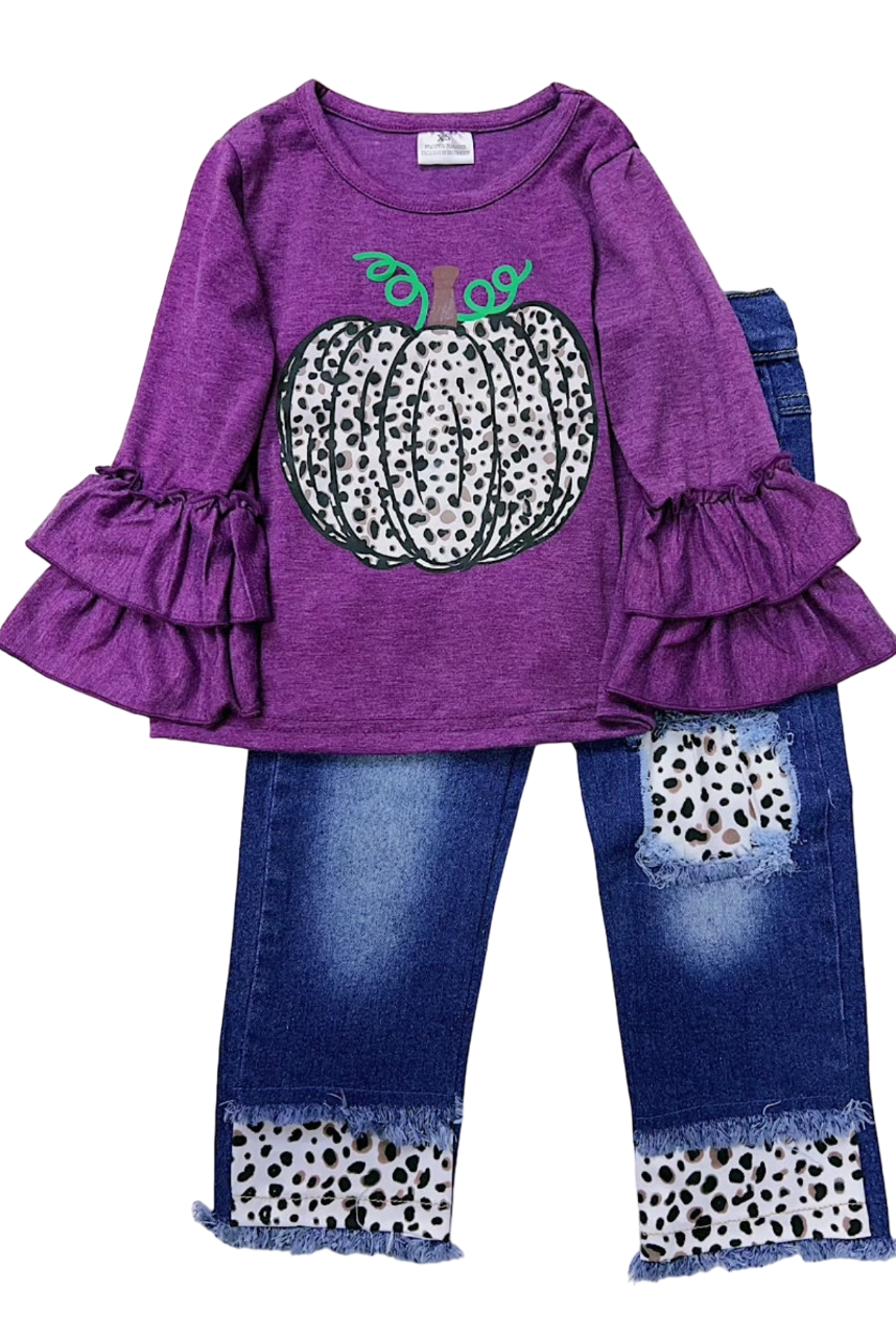 Purple Pumpkin Ruffle Denim Set