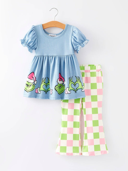 Girls Grinch Checkered Pants Outfit Set