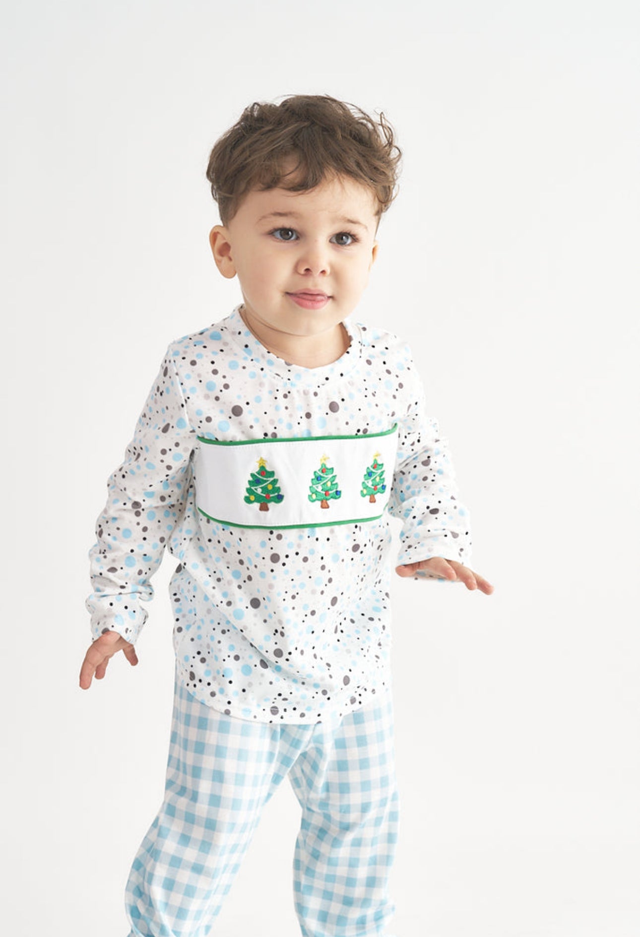Christmas Tree Embroidery Plaid Boy Set Blue