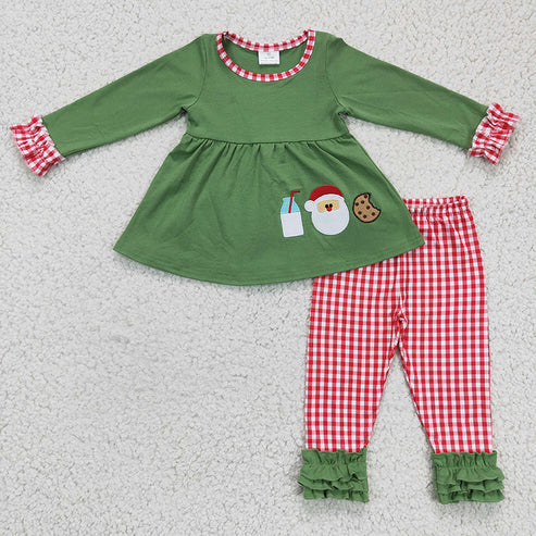 Green Checkered Embroidered Girl Santa Set