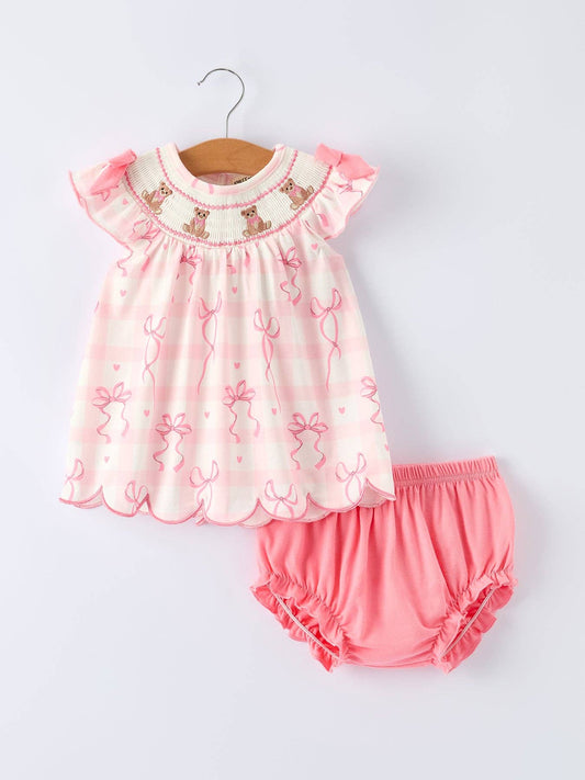 Pink Bow Teddy Smocked Bloomers Set