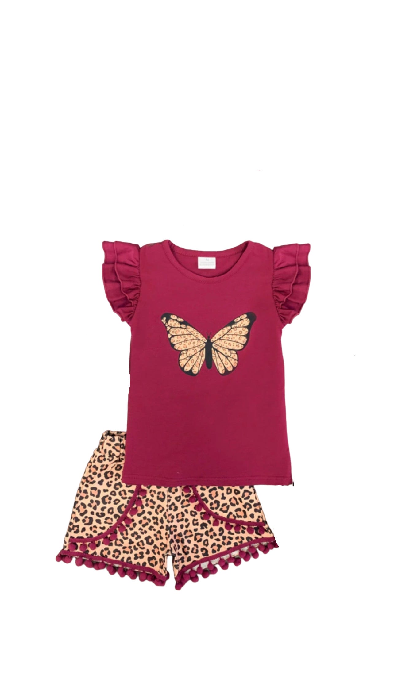 Burgundy Cheetah Butterfly Pom Pom Short Set