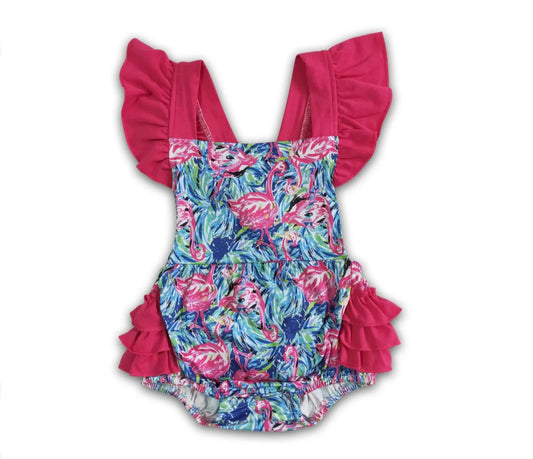 Pink Blue Ruffle Flamingo Romper