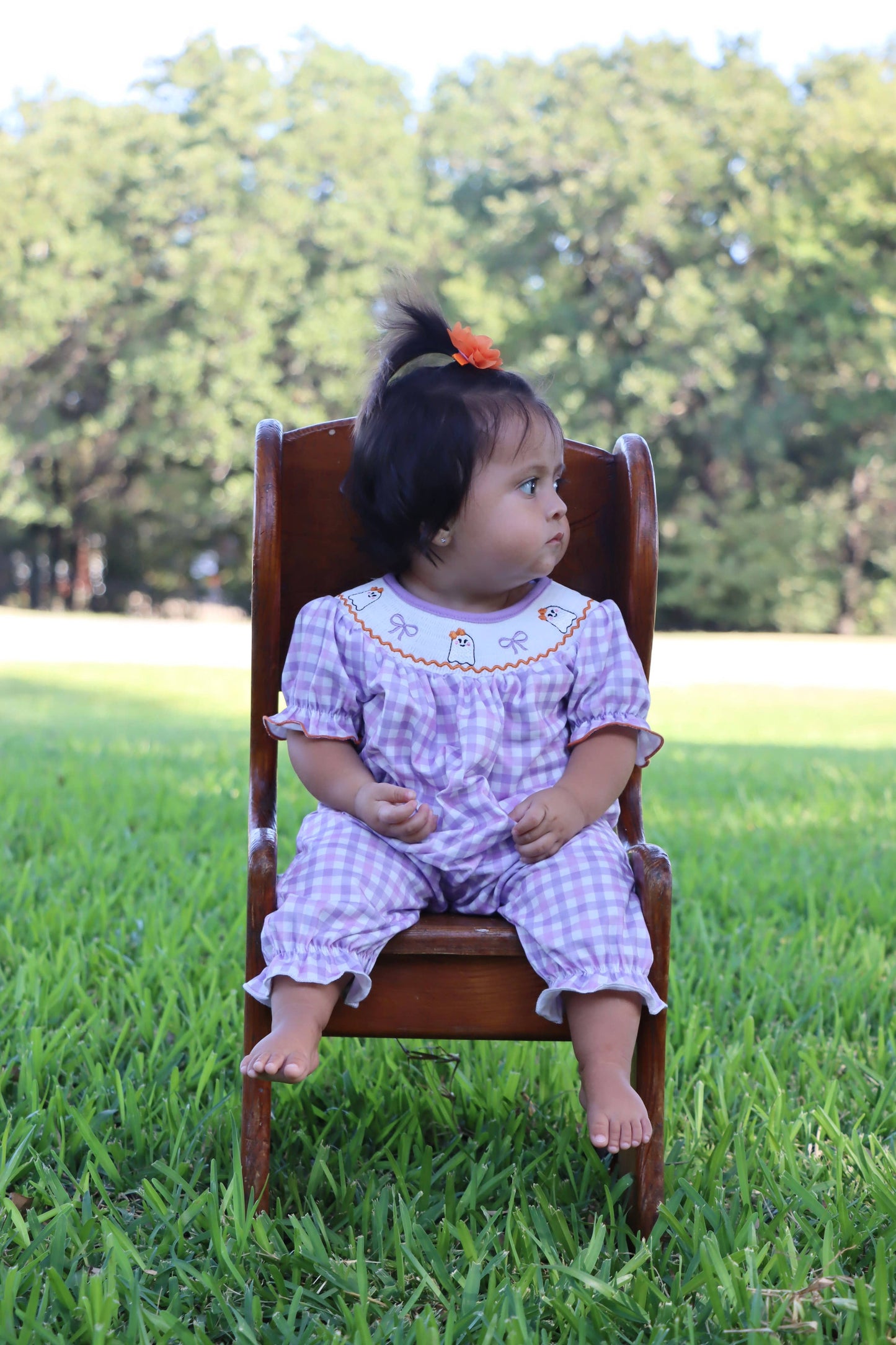 Purple Smocking Ghost Bow Plaid Romper