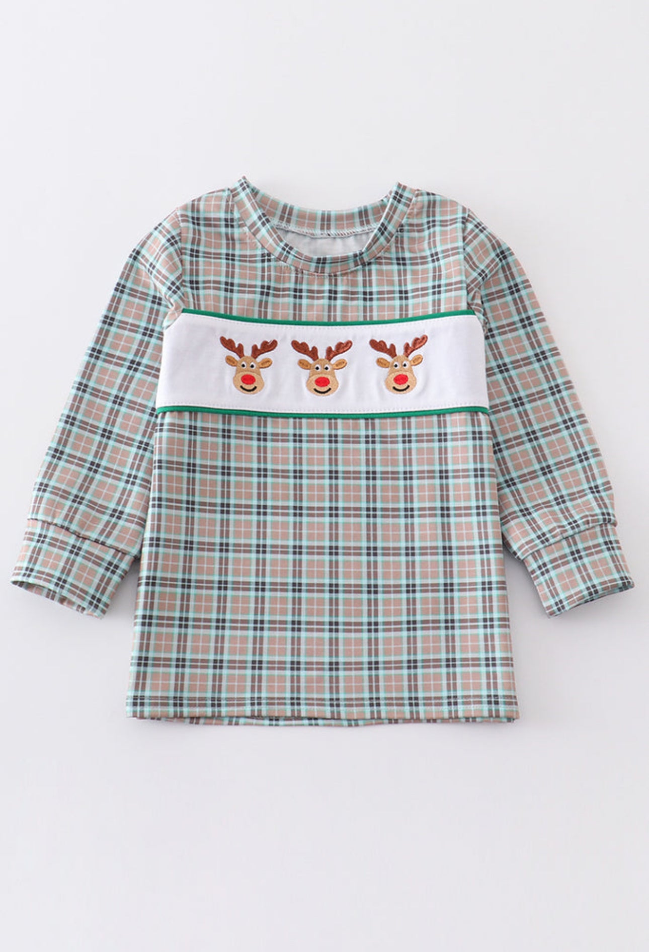 Green Plaid Christmas Deer Embroidered Tee