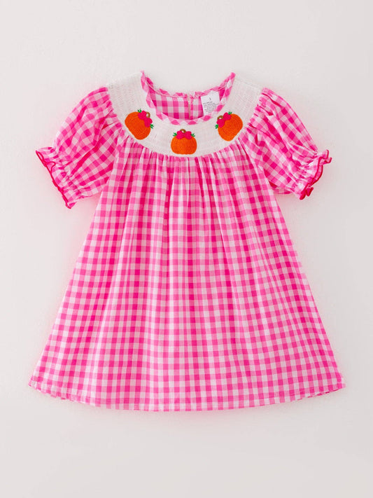 Pink Smocking Pumpkin Plaid Dress