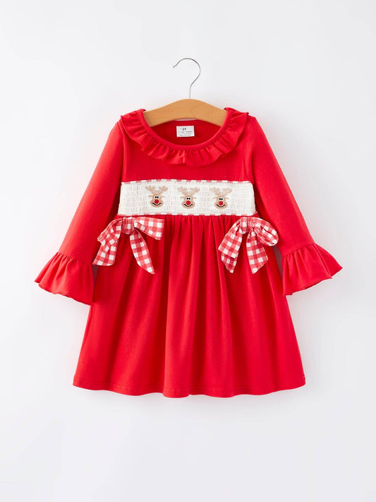 Christmas Bow Red Smocking Dress