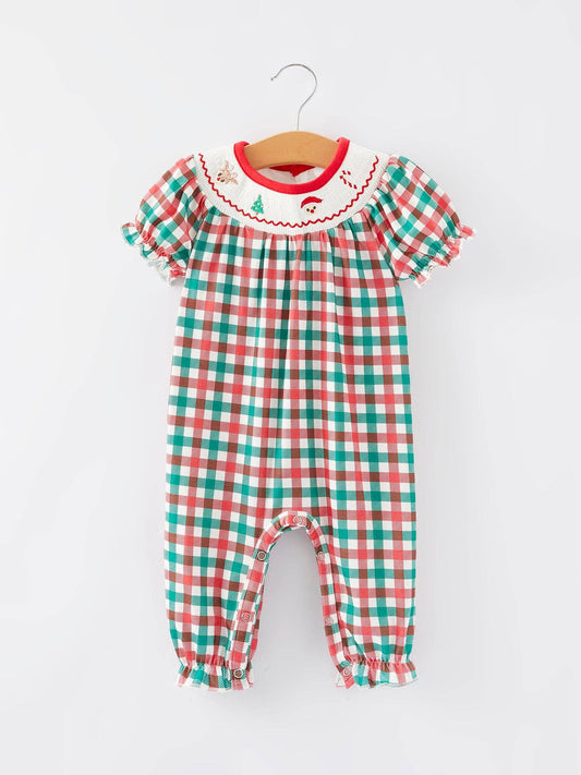 Christmas Plaid Smocking Girls Romper