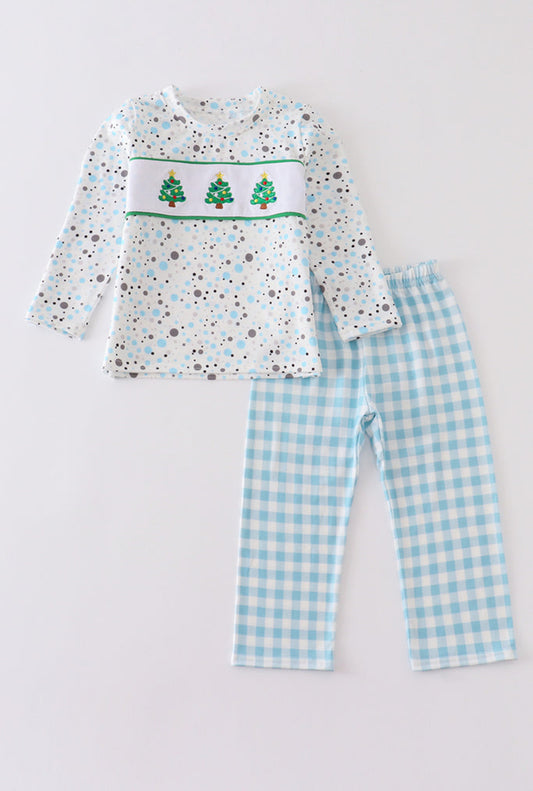 Christmas Tree Embroidery Plaid Boy Set Blue