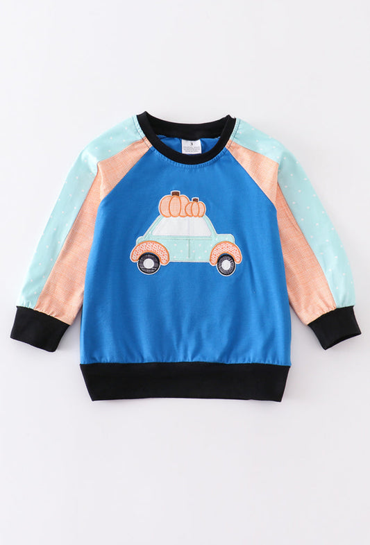 Blue Pumpkin Car Appliqué Top