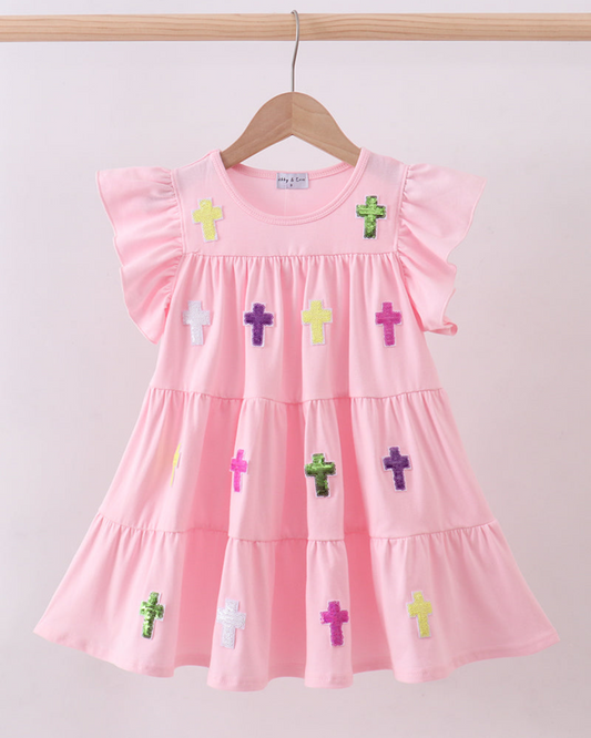 Pink Cross Tiered Sequin Dress