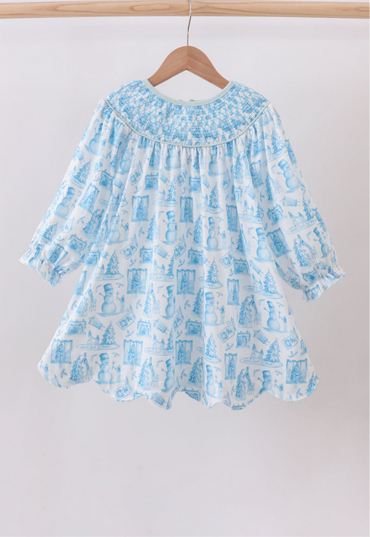 Blue Snowman Smocked Scallop Dress