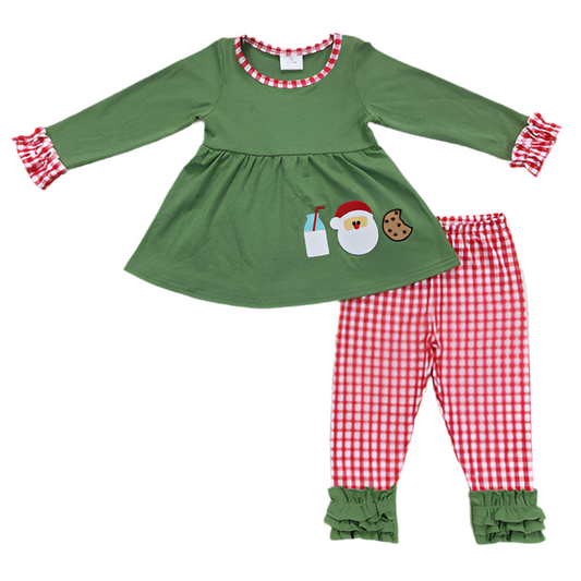 Green Checkered Embroidered Girl Santa Set