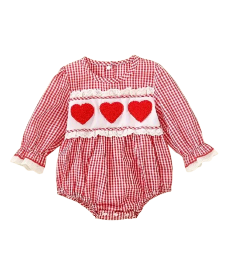 Embroidered Heart Plaid Romper